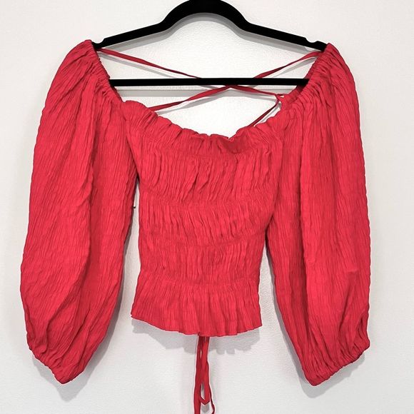 Urban Outfitters Vida Red Smocked Crisscross  Tie Back Off Shoulder Blouse XS - Picture 6 of 8